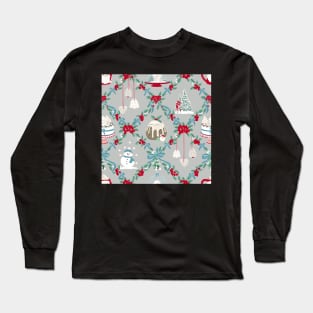 Repeat Pattern of Vintage Christmas Treats on Pale Grey Long Sleeve T-Shirt